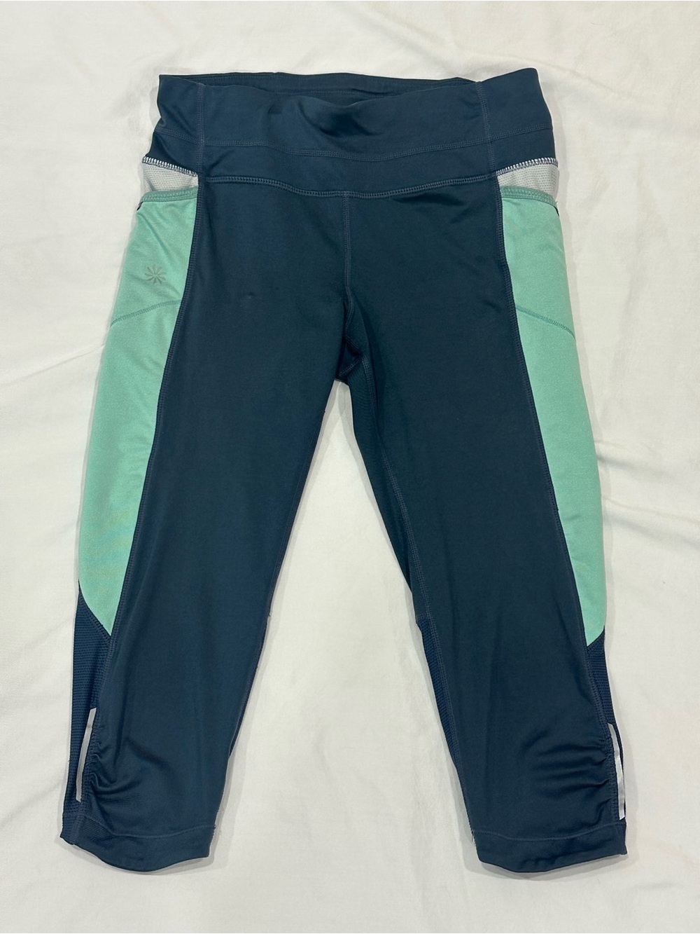 Athleta Navy Capri Leggings with Mint Side Panels